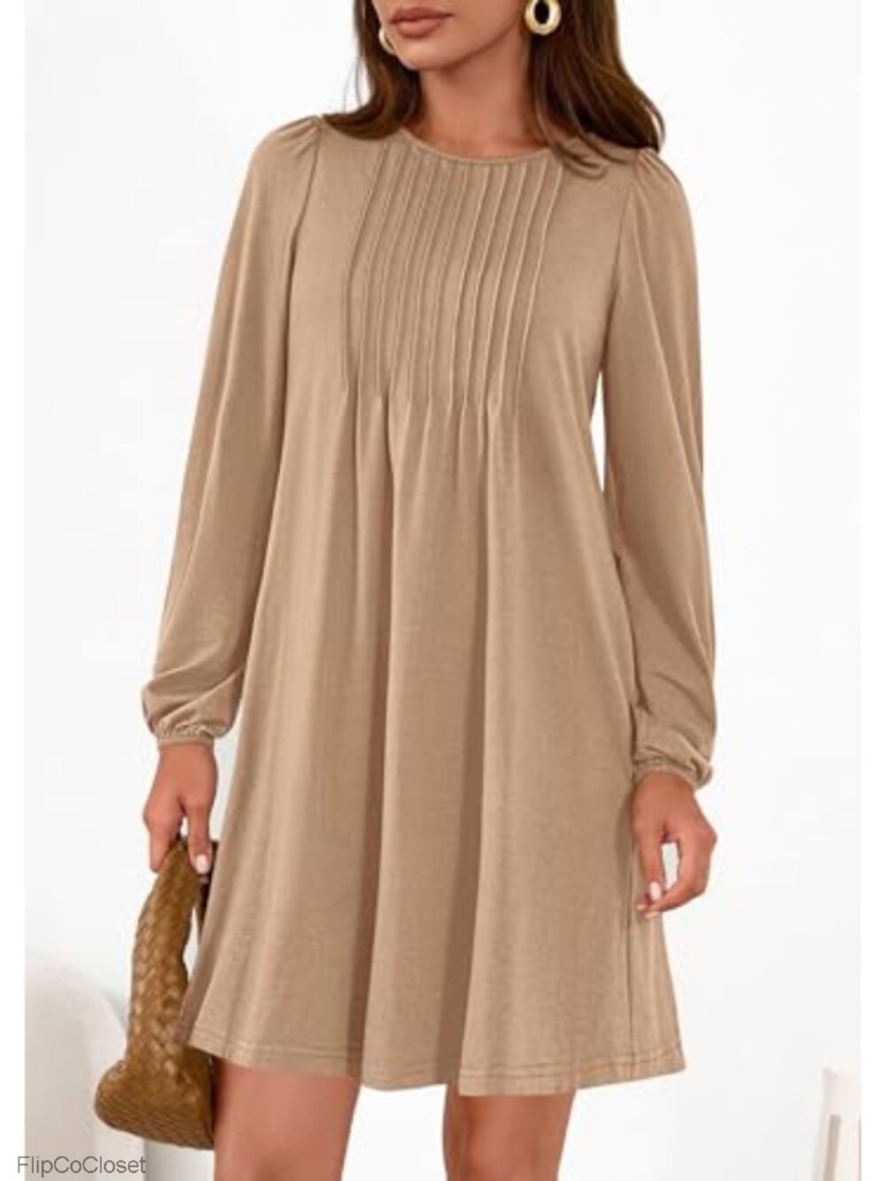 Long Sleeve Mini Dress with Pockets Flowy A Line Casual Tunic - Picture 3 of 6
